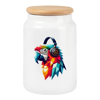 Polygon Parrot with Headphones Colorful Music Love - Cookie Jar with Wooden Lid - white - Front