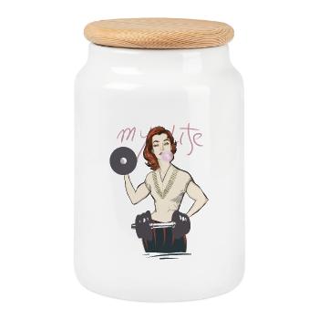 Retro Fitness Woman Illustration - Cookie Jar with Wooden Lid - white - Front