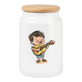 Ukulele Boy Graphic - Cookie Jar with Wooden Lid - white - Front