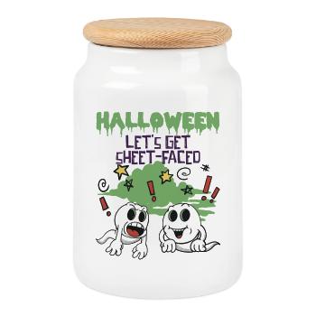 Halloween - Mettons-nous à face de feuille - Boîte à biscuits avec couvercle en bois - blanc - Devant