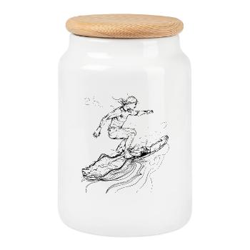Surfing Girl Sketch - Cookie Jar with Wooden Lid - white - Front