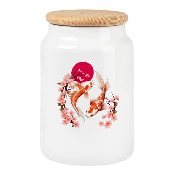 Koi and cherry blossoms in the red moon - Cookie Jar with Wooden Lid - white - Front