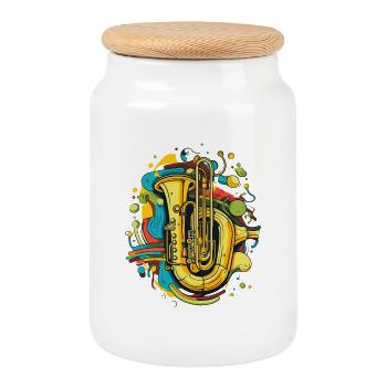 Tuba Cartoon Look - Cookie Jar with Wooden Lid - white - Front