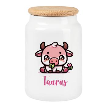 Cute Taurus Zodiac Astrology Gift - Cookie Jar with Wooden Lid - white - Front