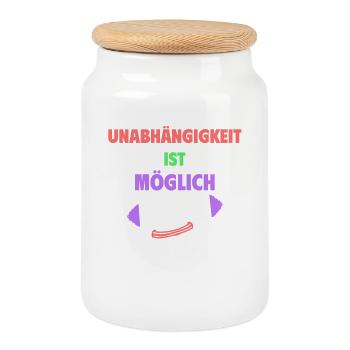 Unabhängigkeit ist möglich - Keksdose mit Holzdeckel - Weiß - Vorne