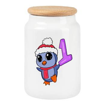 Number 1 Number One - Penguin Motif - Cookie Jar with Wooden Lid - white - Front