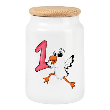 Number 1 Number One - Seagull Motif - Cookie Jar with Wooden Lid - white - Front