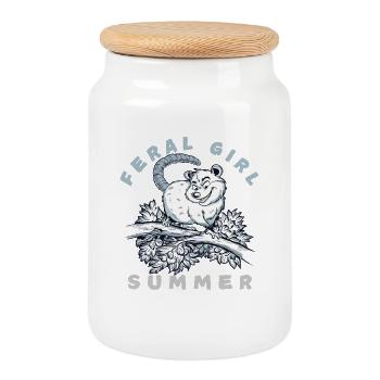Feral Girl Summer Opossum Illustration - Cookie Jar with Wooden Lid - white - Front