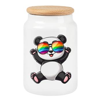 Panda Cartoon mit einer Pride Rainbow Brille. - Keksdose mit Holzdeckel - Weiß - Vorne