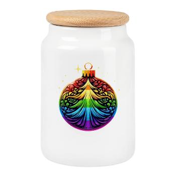 Boule de Noël arc-en-ciel avec ornement d’arbre de Noël - Boîte à biscuits avec couvercle en bois - blanc - Devant