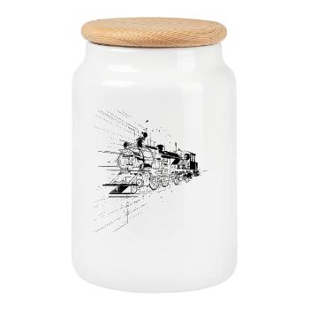 Locomotive Graphics - Cookie Jar with Wooden Lid - white - Front