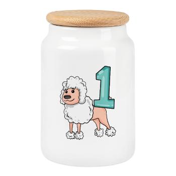 Number 1 Number One - Poodle Dog Motif - Cookie Jar with Wooden Lid - white - Front