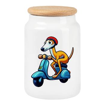 Chien joueur sur la conception du scooter - Boîte à biscuits avec couvercle en bois - blanc - Devant