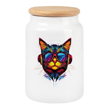 Katze Sonnenbrille Kopfhörer Musik Bunt DJ Katzen - Keksdose mit Holzdeckel - Weiß - Vorne