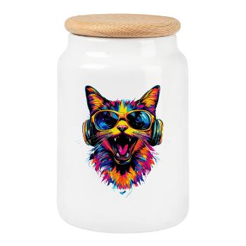 Chat Lunettes de soleil Casque Musique Coloré DJ Chats - Boîte à biscuits avec couvercle en bois - blanc - Devant
