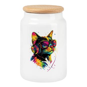Chat Lunettes de soleil Casque Musique Coloré DJ Chats - Boîte à biscuits avec couvercle en bois - blanc - Devant