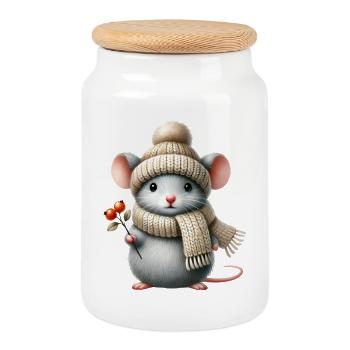 süße Maus mit einer warmen Strickmütze und Schal - Keksdose mit Holzdeckel - Weiß - Vorne