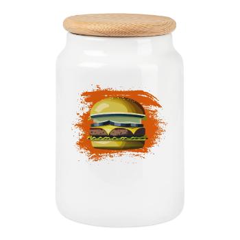 Verspielter Hamburger Cartoon Druck - Keksdose mit Holzdeckel - Weiß - Vorne