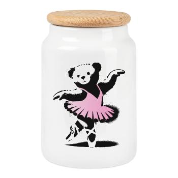 Cute teddy bear in pink ballet dress - Cookie Jar with Wooden Lid - white - Front