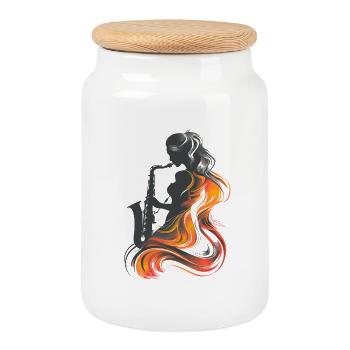 Saxophonist Graphic Design - Cookie Jar with Wooden Lid - white - Front