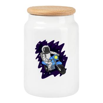 Astronaut Motorcycle Space - Cookie Jar with Wooden Lid - white - Front