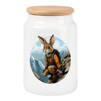 Rabbit Mountaineer / Hiking Rabbit - Cookie Jar with Wooden Lid - white - Front