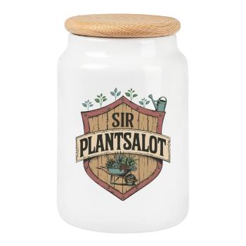 Vintage “SIR PLANTSALOT” Rustic Men Gardeners - Cookie Jar with Wooden Lid - white - Front