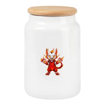 Chat de Feu et de Lave - Chaton en feu - Boîte à biscuits avec couvercle en bois - blanc - Devant