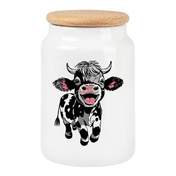 Happy calf in black and white - Cookie Jar with Wooden Lid - white - Front