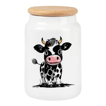 Cute Baby Calf - Farm Animal - Calf Cow - Cookie Jar with Wooden Lid - white - Front