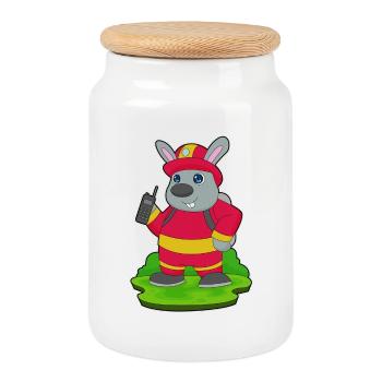 Bunny Firefighter Microphone Fire Brigade - Cookie Jar with Wooden Lid - white - Front
