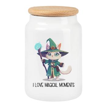 J’adore les moments magiques – Dessin animé Magicien Chat - Boîte à biscuits avec couvercle en bois - blanc - Devant