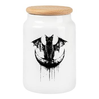 Gothic Schwarze Katze Fledermaus Flügel Halbmond Dunkel - Keksdose mit Holzdeckel - Weiß - Vorne