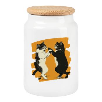 Japanese Cats Fight - Cookie Jar with Wooden Lid - white - Front