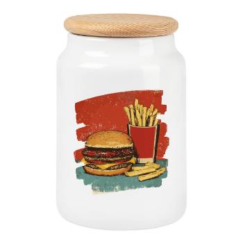 Burgers and Fries Retro - Cookie Jar with Wooden Lid - white - Front