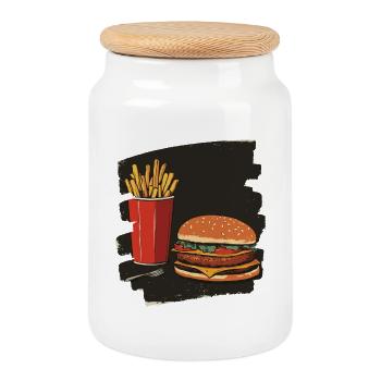 Burgers and Fries Retro - Cookie Jar with Wooden Lid - white - Front