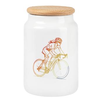 Retro Radfahrerin Line Art - Keksdose mit Holzdeckel - Weiß - Vorne