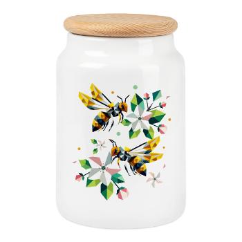 Bees and apple blossoms in harmonious colours - Cookie Jar with Wooden Lid - white - Front