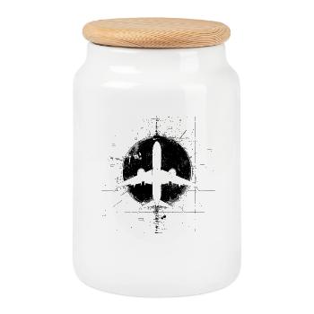 Airplane Drawing - Cookie Jar with Wooden Lid - white - Front