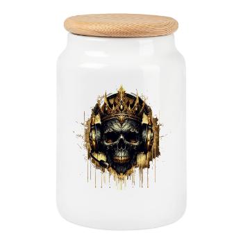 Golden Gaming Skull with Crown and Headset - Cookie Jar with Wooden Lid - white - Front