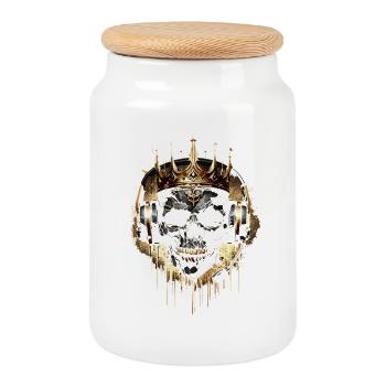 Crâne de jeu doré avec couronne et casque - Boîte à biscuits avec couvercle en bois - blanc - Devant