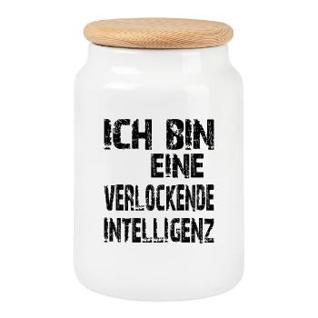 KI Spruch Ich bin eine verlockende Intelligenz - Keksdose mit Holzdeckel - Weiß - Vorne