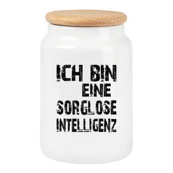 KI Spruch Ich bin eine sorglose Intelligenz - Keksdose mit Holzdeckel - Weiß - Vorne
