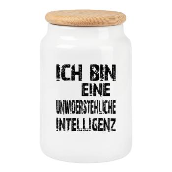 KI Spruch eine unwiderstehliche Intelligenz - Keksdose mit Holzdeckel - Weiß - Vorne