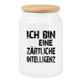 KI Spruch Ich bin eine zärtliche Intelligenz - Keksdose mit Holzdeckel - Weiß - Vorne