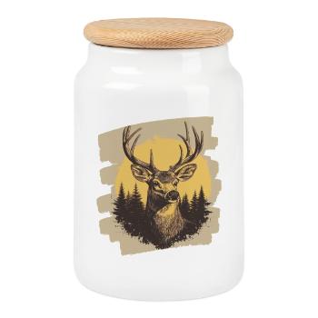 Deer with antlers - Cookie Jar with Wooden Lid - white - Front