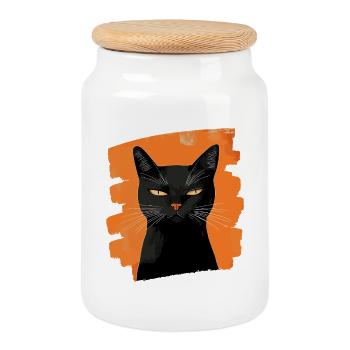 Black cat - Cookie Jar with Wooden Lid - white - Front