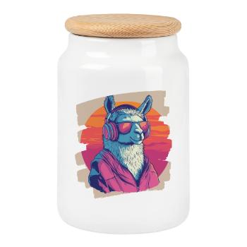 Llama Headphones - Cookie Jar with Wooden Lid - white - Front
