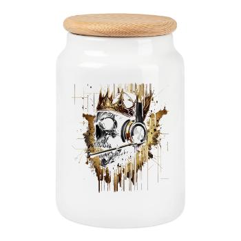 Crâne doré avec casque et couronne - Boîte à biscuits avec couvercle en bois - blanc - Devant