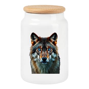 Le Regard Saphir : Portrait Intense d'un Loup - Boîte à biscuits avec couvercle en bois - blanc - Devant